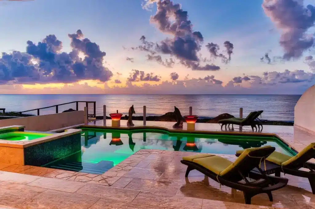 View of beachfront pool and the sea